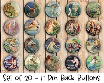 Vintage Mermaid Designs - Set of 20 Buttons or Magnets - 1" or 1.25" pin buttons or magnets - Mermaid Buttons