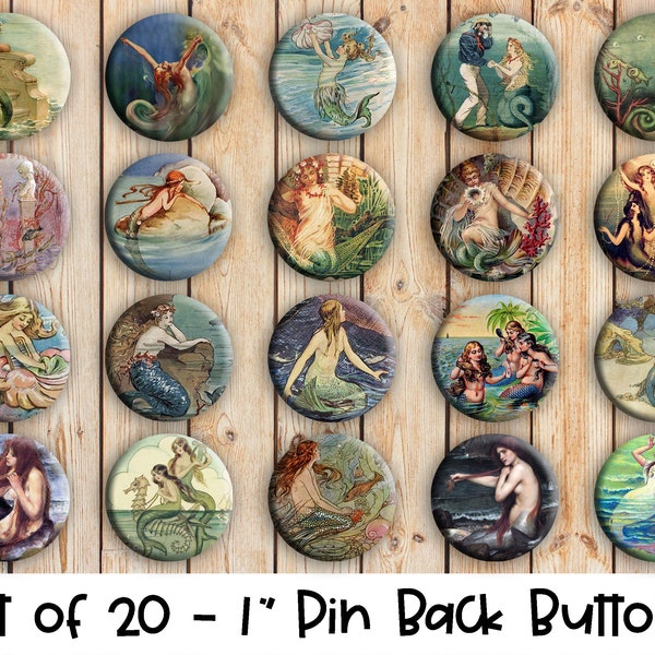 Vintage Mermaid Designs - Set of 20 Buttons or Magnets - 1", 1.25" or 2.25" pin buttons or 1" magnets - Mermaid Buttons