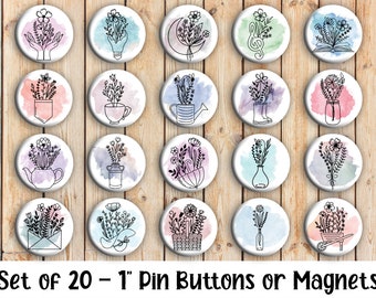 Wildflower Bouquet Designs - Set of 20 Buttons or Magnets - 1", 1.25" or 2.25" pin buttons or 1" magnets - Flower Buttons