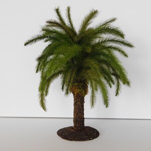 May include: A small, green, artificial palm tree with a brown, textured trunk and a base. The tree is on a white background.