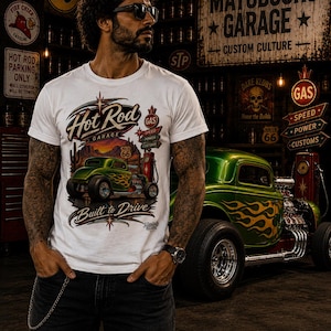 Camiseta Hot Rod Garage, Camiseta Hot Rod Verde, Camiseta de Carro Clássico da Rota 66, Camiseta Vintage Rat Rod, Camiseta Custom Speed Shop