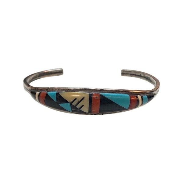 Lena Tsethlikai Zuni Turquoise coral jet mother of pearl cuff bracelet 1950s