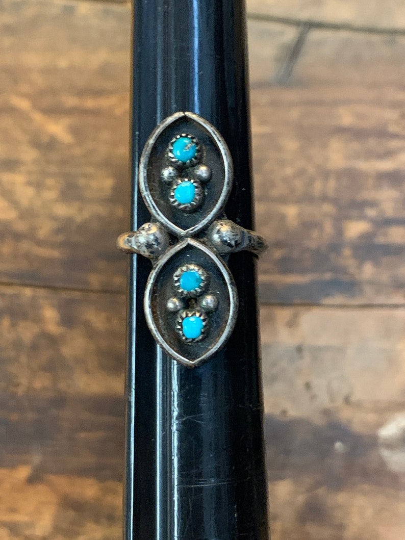 Vintage double turquoise snake eyes long ring Sterling Silver Size 4.5