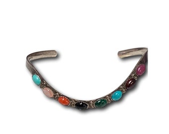 Vintage NAVAJO 3 SHOP MARK Sterling Silver Wave Cuff Bracelet Multi Gemstone