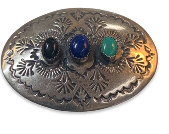 Sterling Silver Native American Navajo Signed Stamped Brooch Turquoise Lapis