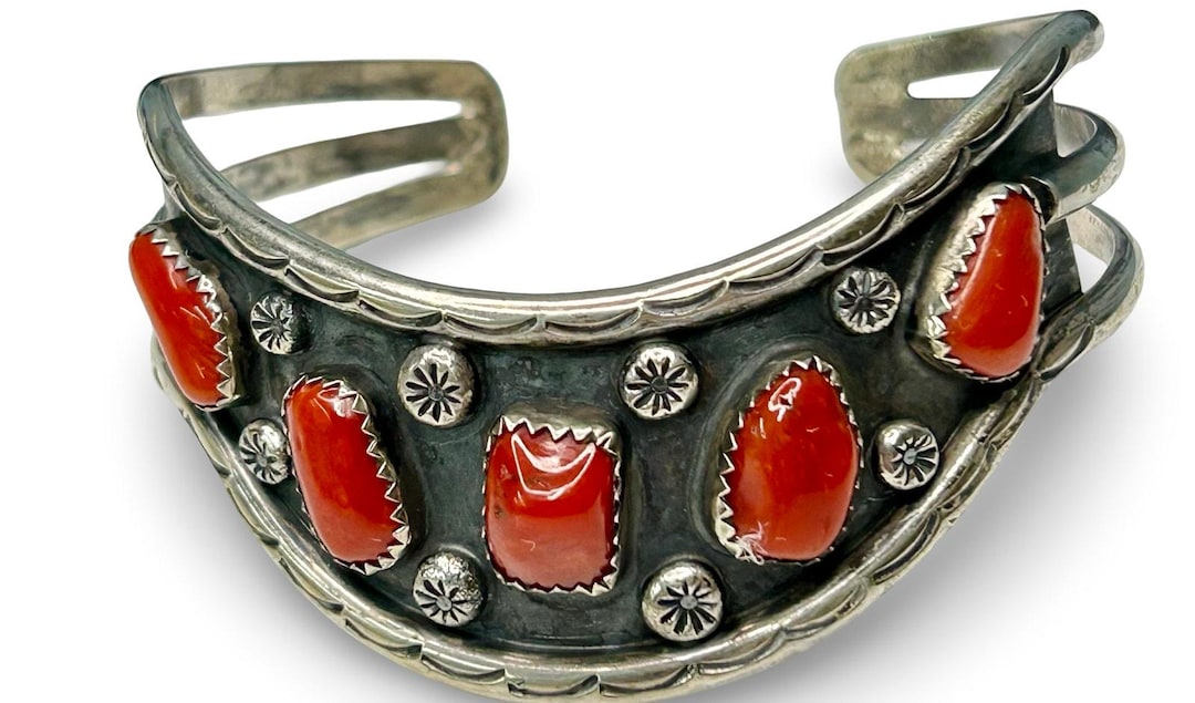 Vintage Sterling Silver Red Coral Navajo Style Cuff Bracelet - Etsy