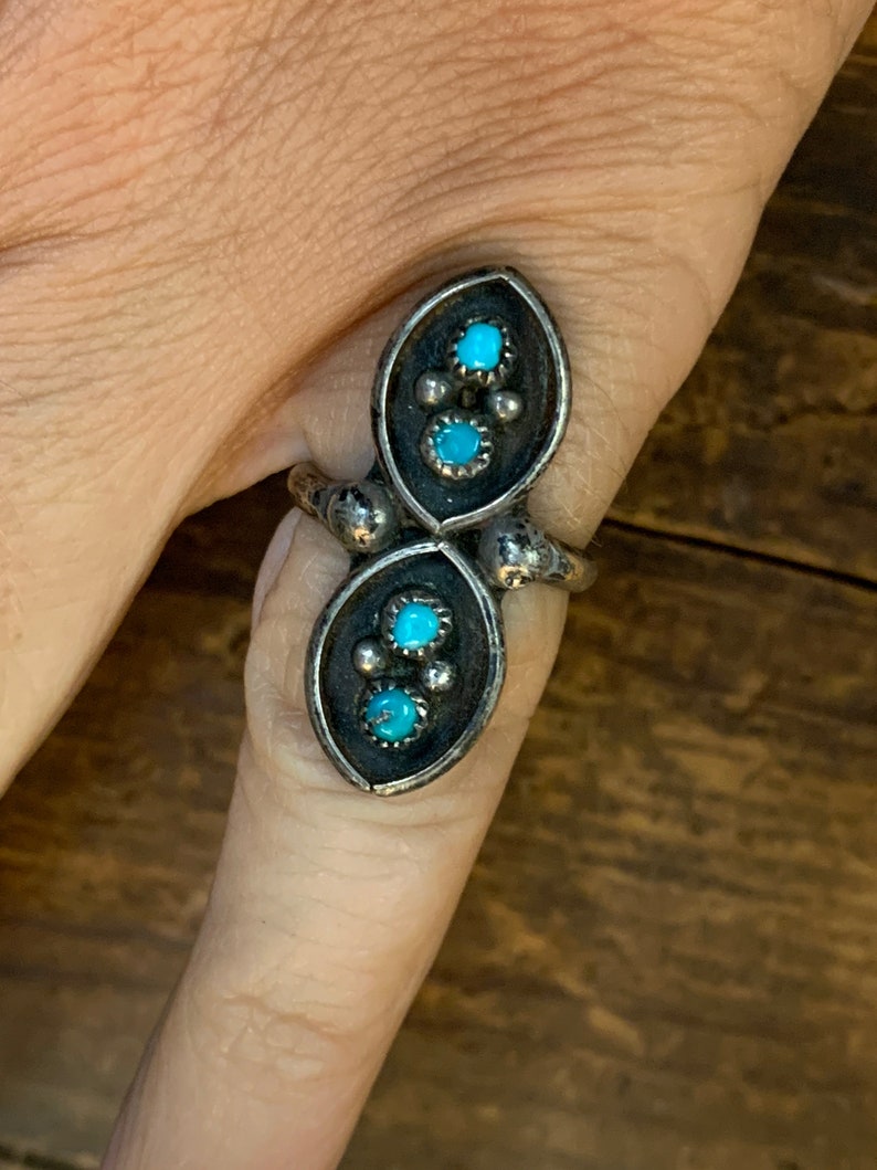 Vintage double turquoise snake eyes long ring Sterling Silver Size 4.5