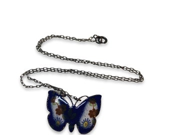 Vintage Sterling Silver Blue Enamel Butterfly Necklace