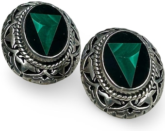 Vintage Mexican Sterling Silver Malachite Black Onyx Inlay Clip Earrings 925 Mexico