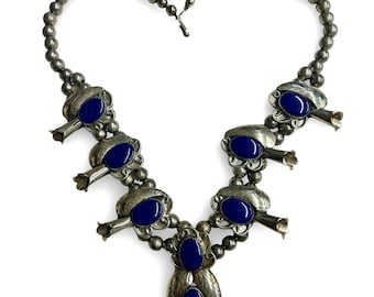 Collar vintage Lee Thompson Navajo de plata esterlina con lapislázuli y flor de calabaza