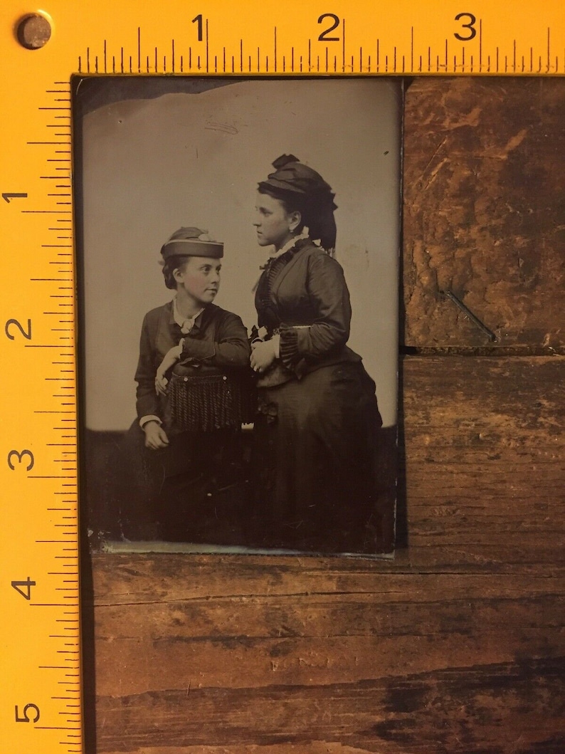 Antique Tintype 2 Women Victorian Dress with Hat