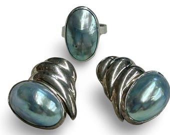 Vintage TURE Sterling Silver Mother of Pearl Ring & Clip Earring Set