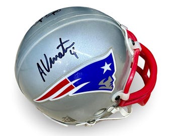 Casco mini Ridell de los Patriots de la NFL firmado por Adam Vinatieri, Damien Woody y Ted Johnson