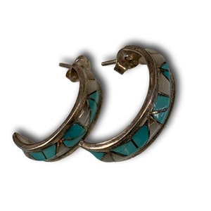 GMT Hallmark Navajo Sterling Silver MOP Turquoise Inlay Half Hoop Earrings