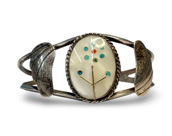 Brazalete vintage de plata de ley con incrustaciones de nácar y diseño de árbol – Motivo de hoja hecho a mano