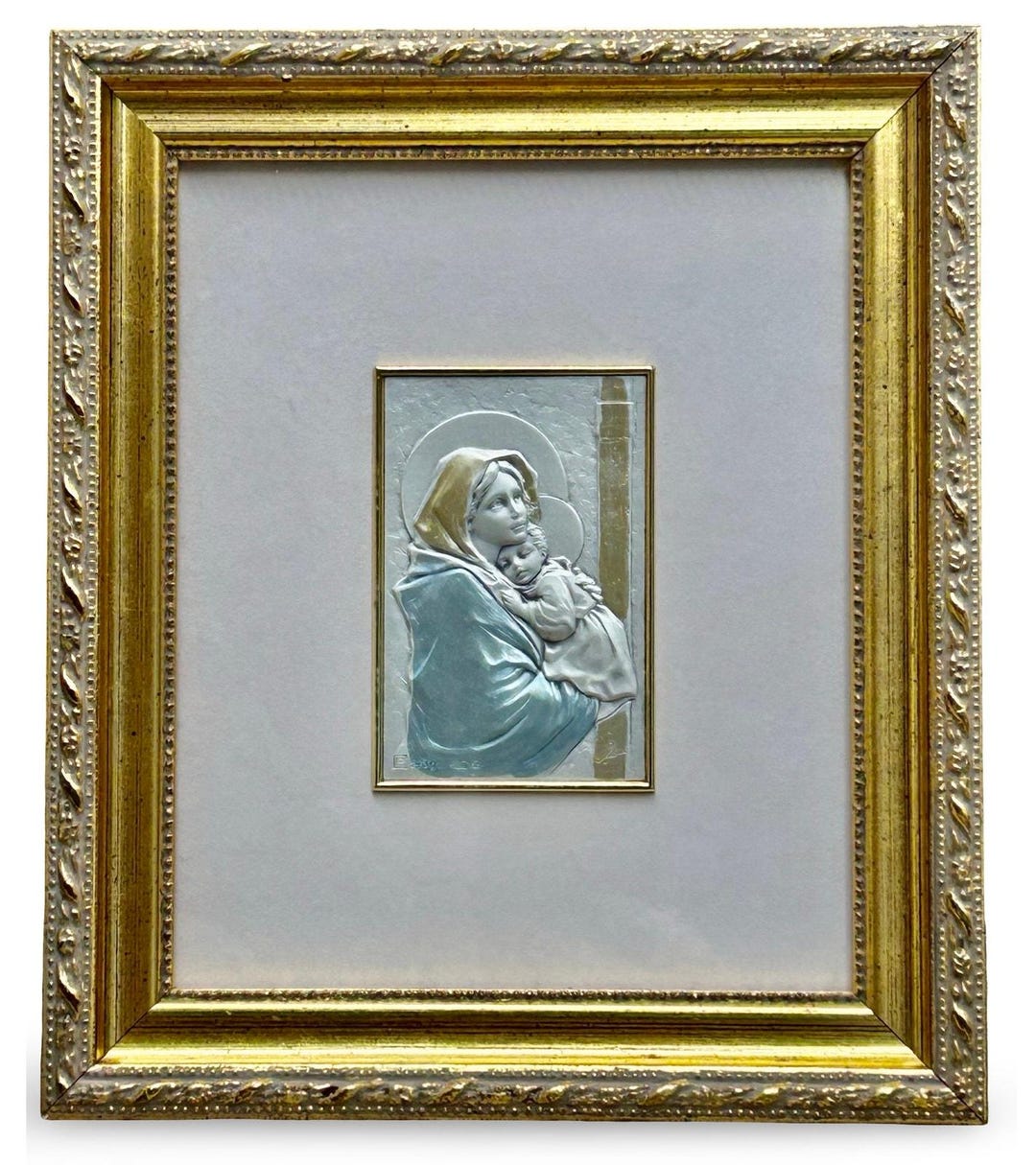 Vintage Italian Sterling Silver Madonna & Child Relief Plaque in Ornate ...