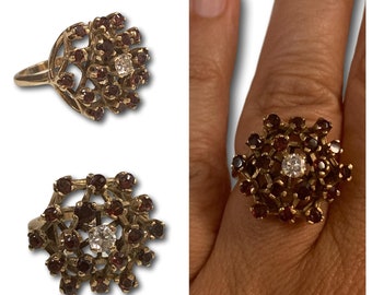 Vintage 14k gold Bohemian Garnet & Diamond Cluster Statement Ring Sz 6