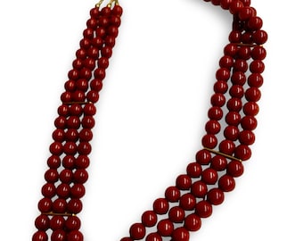 Collar vintage de tres hilos de cuentas de coral rojo auténtico