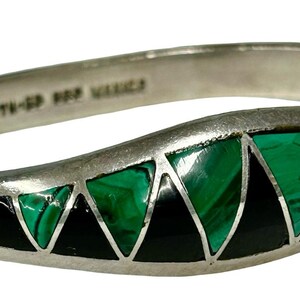 Vintage Taxco Mexico Sterling Silver Malachite & Black Onyx Inlay Hinged Bangle