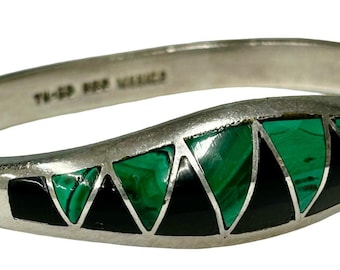 Vintage Taxco Mexico Sterling Silver Malachite & Black Onyx Inlay Hinged Bangle