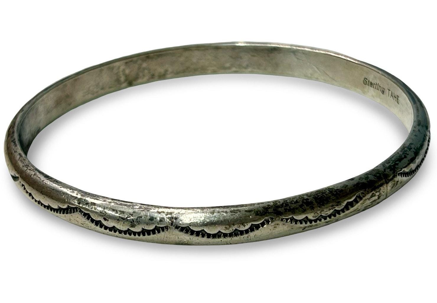Navajo Sterling Silver Tahe Stamped Etched Bangle Bracelet Mid