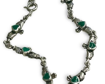 Vintage Claddagh Heart Sterling Silver Green Agate Bracelet