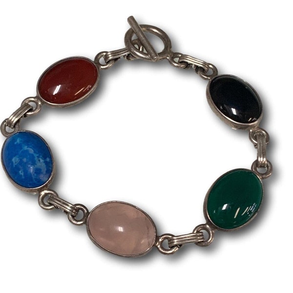 Vintage Taxco Multi Gemstone Bracelet Sterling Silver Toggle Clasp 8 inch