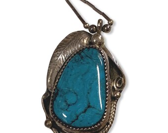 Vintage Native American Signed Liquid Silver Necklace Turquoise Pendant