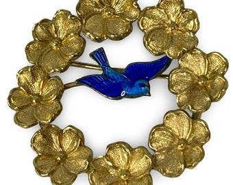 Wells Gold Filled Bluebird Floral Wreath Brooch