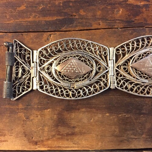 Egyptian Revival Pharaoh Pyramid shops Bracelet Cannetille Filigree Sterling Silver