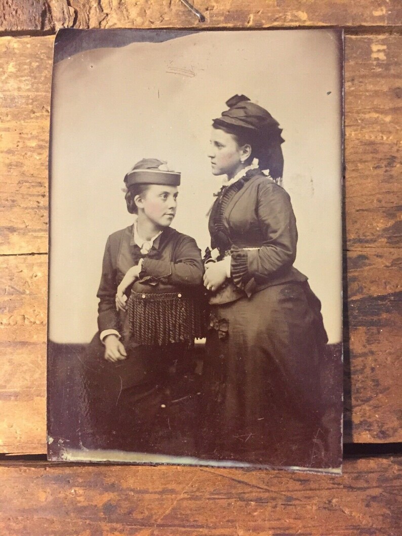 Antique Tintype 2 Women Victorian Dress with Hat