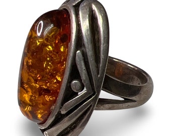 Large Amber Sterling silver statement Vintage Ring Size 6