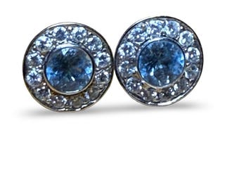 14k White Gold Diamond Halo Blue Topaz Stud Earrings