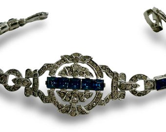 Pulsera vintage OTI de plata de ley estilo Art Déco con cristales azules y diamantes de imitación.