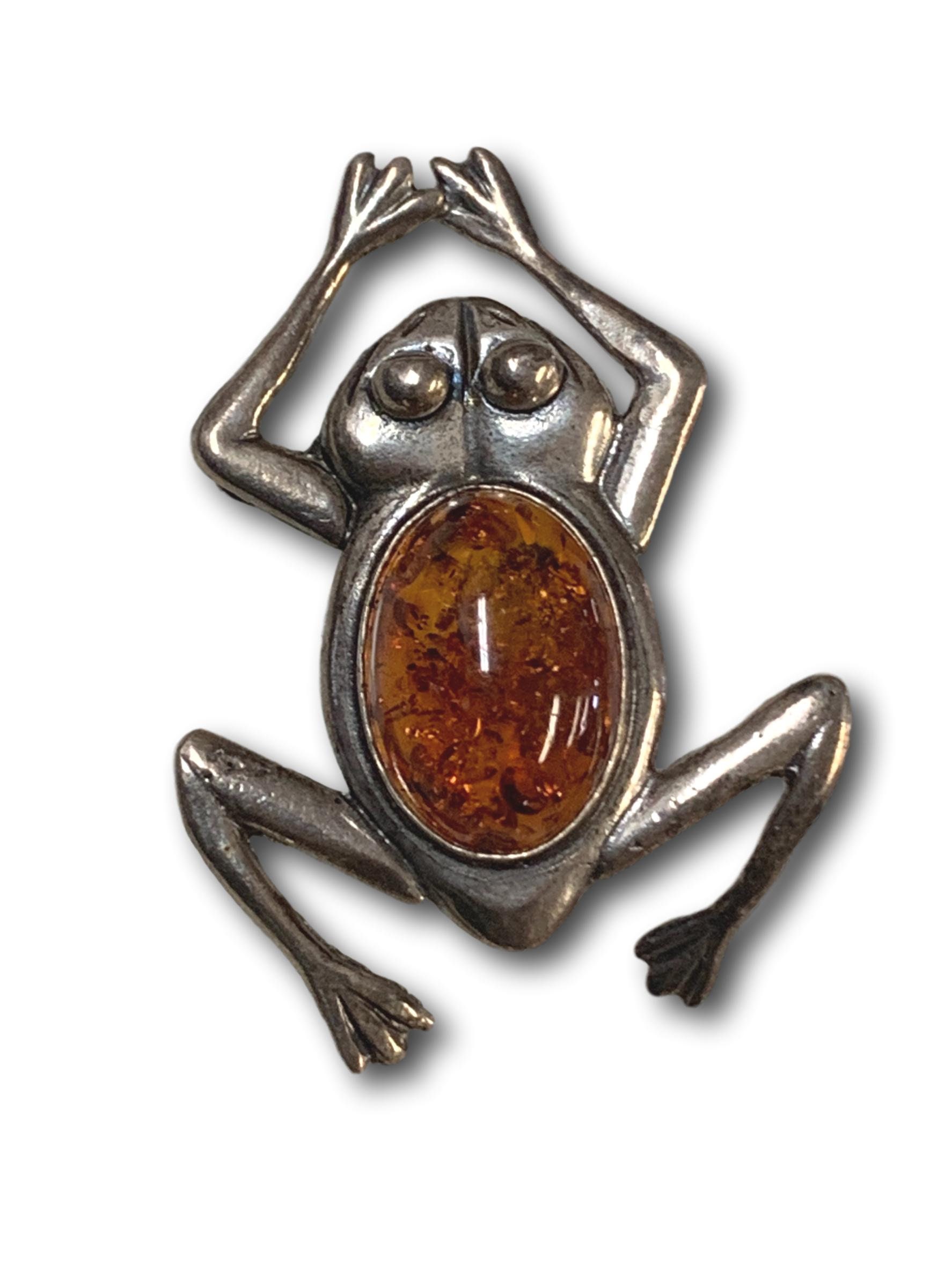 Vintage Sterling Silver and Natural Amber Frog Brooch
