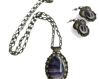 Mexico Artisian Wampum Sterling Purple Banded Shell Cabochon Jewelry Set