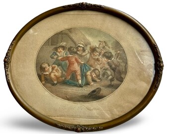 Antique Hand Colored Engraving Buffet the Barr 1790 Oval Frame