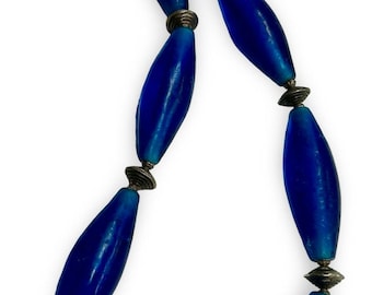Vintage Artisan Sculptural Etched Blue Glass Bead Necklace 24 Inch Statement