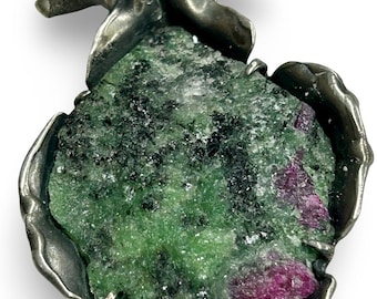 Ruby Zoisite Sterling Artisan Pendant Large Raw Stone Statement Jewelry
