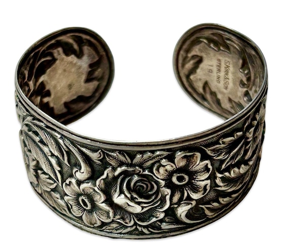 S Kirk & Son Sterling Floral Cuff Bracelet Wide