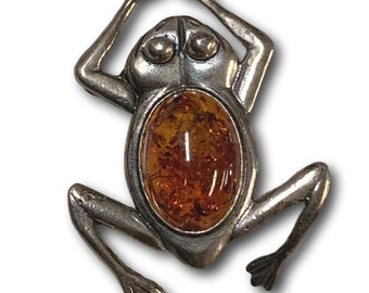 Frog Vintage 925 Sterling Silver Amber Jelly belly Brooch Pin