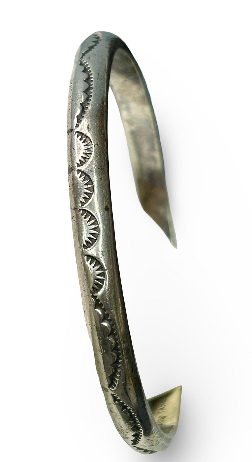 Navajo Sterling Silver Tahe Stamped Etched Bangle Bracelet Mid