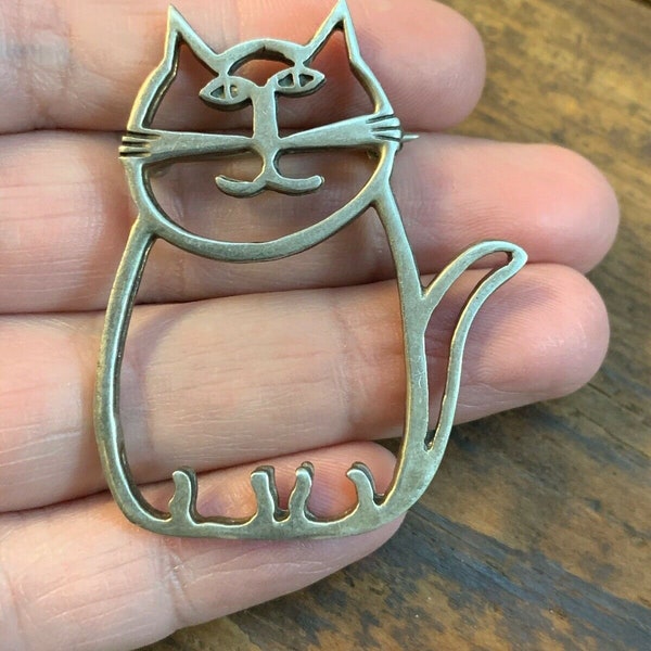 Large Fat Cat Sterling Silver Brooch / Pin Whimsical Unique 925 Jewelry