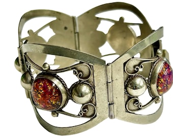 Taxco Sterling Fire Opal Glass Panel Bracelet