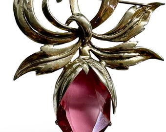 Broche grande de plata de ley vintage con lazo de cristal rosa y broche llamativo de 7,6 cm (3 pulgadas).
