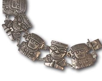 Vintage Peru 900 Coin silver Aztec Warrior Gods Native panel Statement bracelet