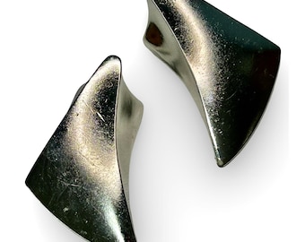 Yves Saint Laurent YSL Modernist  Chunky Silvertone Sculptural Clip-On Earrings