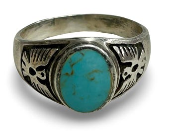 Anillo de plata de ley para hombre con diseño de pájaro trueno turquesa y turquesa.