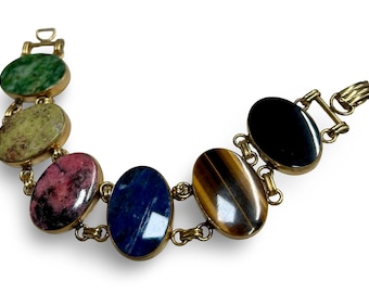 Vintage Gold Filled Multi Stone Bracelet Tiger Eye Rhodonite Sodalite