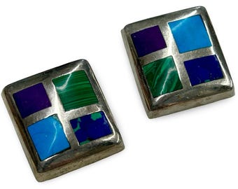 Vintage Mexican Sterling Silver Inlay Clip Earrings TM-86 Geometric Mosaic